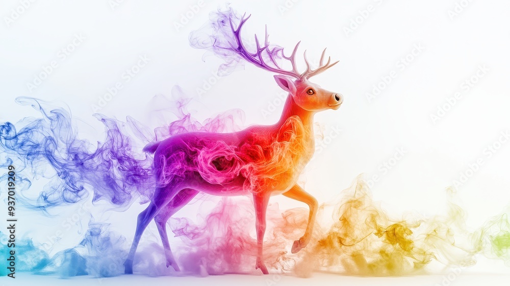 Obraz premium Vibrant Deer with Colorful Smoke Trails in Abstract Artistic Digital Illustration