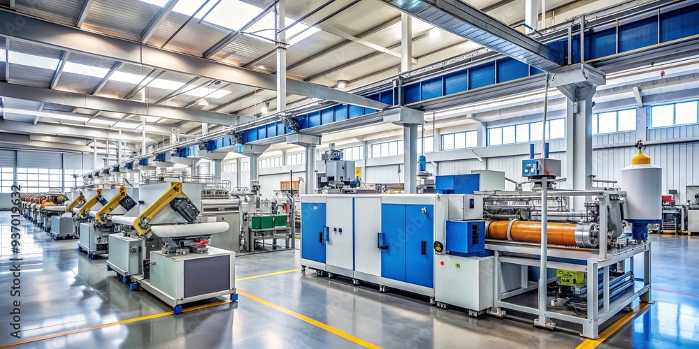 Fototapeta premium Plastic factory with extrusion machine, producing industry technology equipment