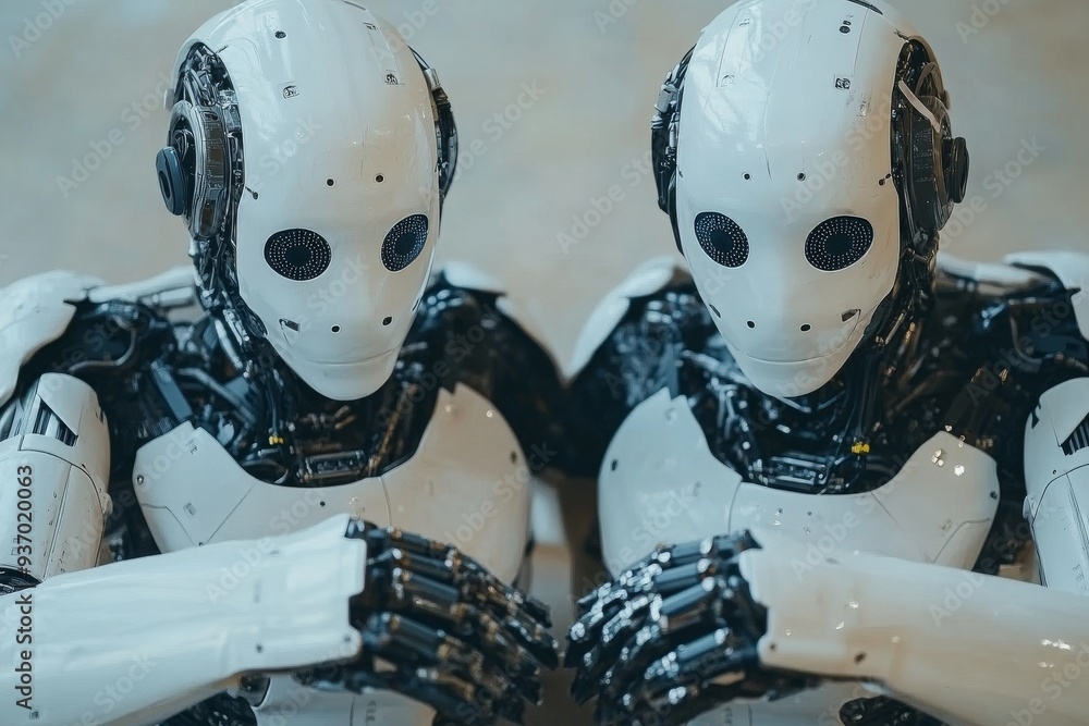 Three humanoid robots sitting closely together symbolizing the collective intelligence and unity of robotic entities in a futuristic high tech society Three humanoid robots sitting closely together symbolizing the collective intelligence and unity of robotic entities in a futuristic high tech society