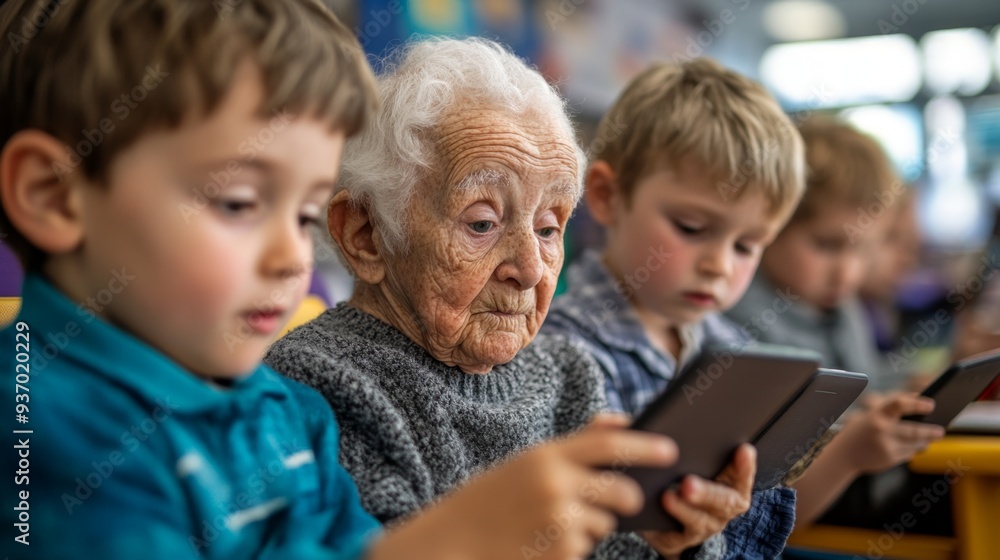 Senior Woman and Children Using Smartphones Technology Digital Communication Generations Senior Woman and Children Using Smartphones Technology Digital Communication Generations