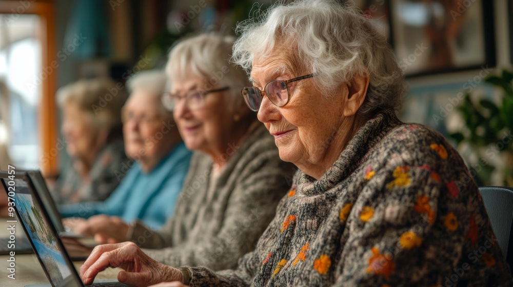 Senior Woman Using Laptop Computer with Friends Senior Woman Using Laptop Computer with Friends