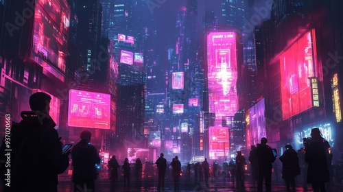 Futuristic Cyberpunk Cityscape with Neon Lights and Silhouettes