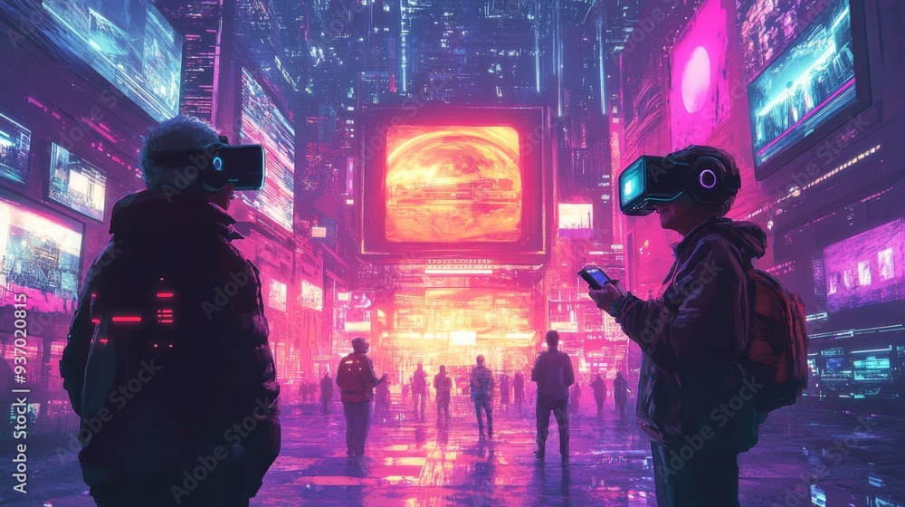 Futuristic Cityscape with VR Users in Neon Lights Futuristic Cityscape with VR Users in Neon Lights