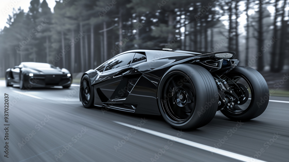 a modern black sports bike and car on road a modern black sports bike and car on road