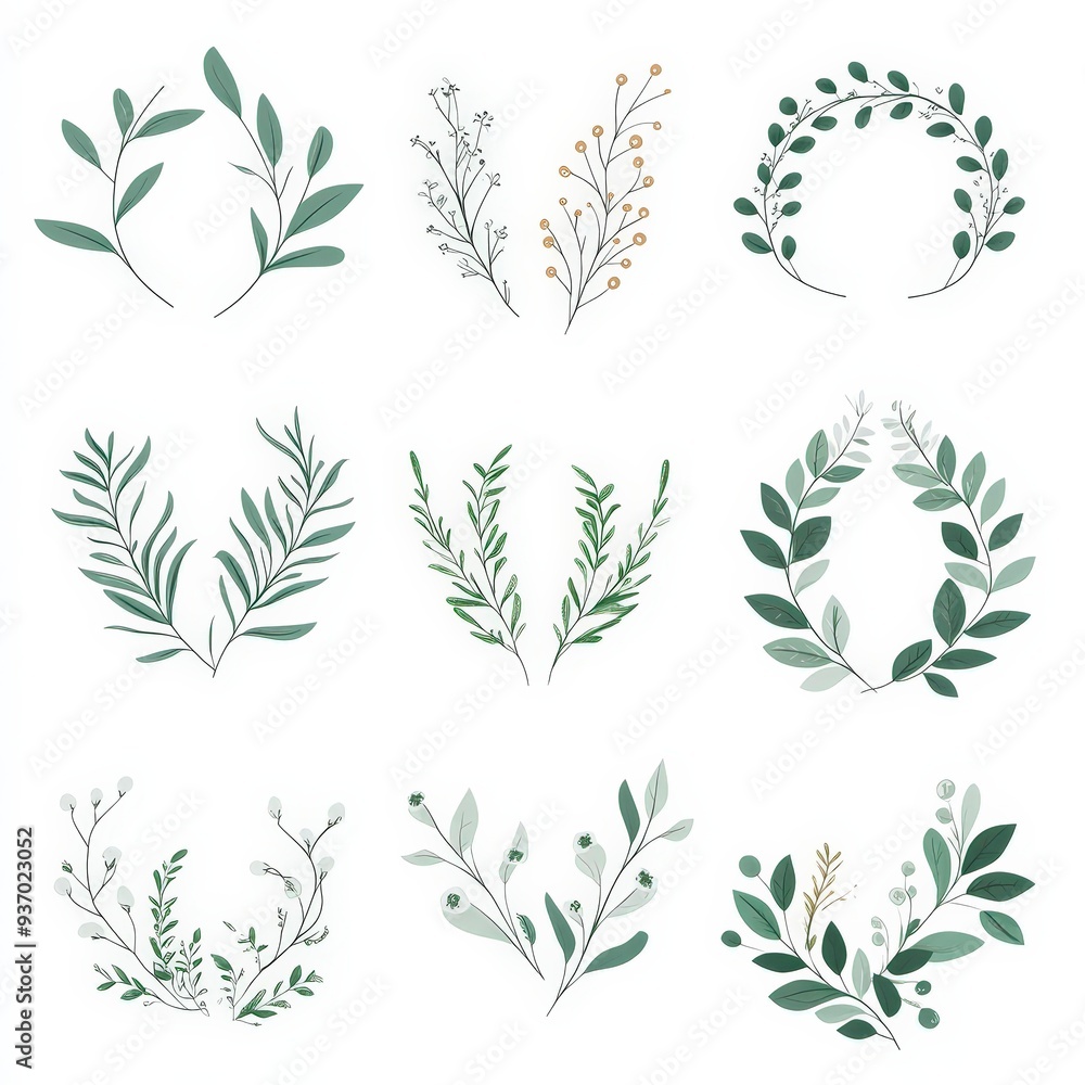 Fototapeta premium Botanical Elegance - Hand-Drawn Floral Logo Elements for Wedding Invitations and Cards