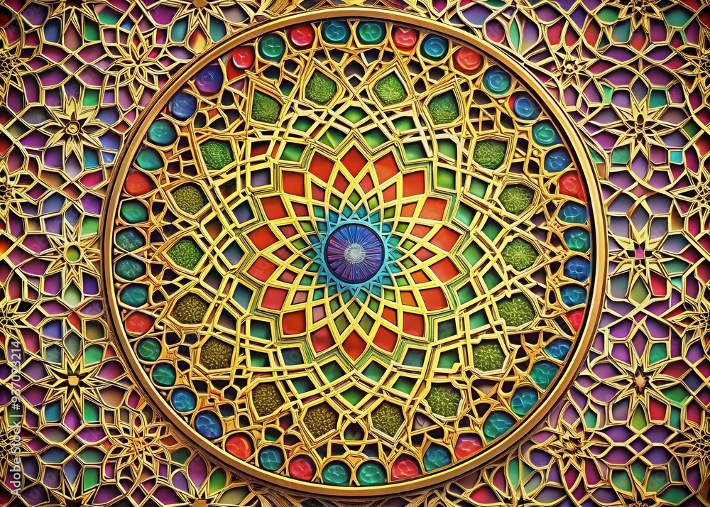 Circular rainbow design with Islamic geometric patterns and intricate details for stunning cultural art piece with bold colorful hues Circular rainbow design with Islamic geometric patterns and intricate details for stunning cultural art piece with bold colorful hues