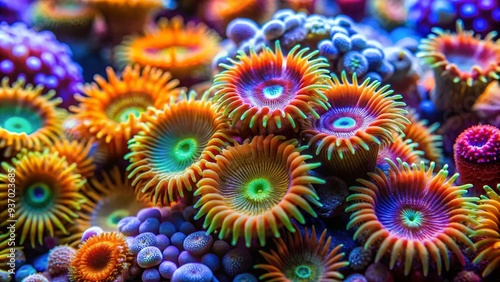 vivid close-up of coral polyps waving their tentacles in unison amidst a kaleidoscope of colorful marine life and abstract patterns