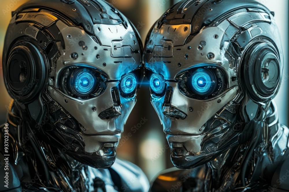 Fototapeta premium Two humanoid robots with glowing blue eyes facing each other representing the communication and connection between artificial intelligences in a high tech futuristic world