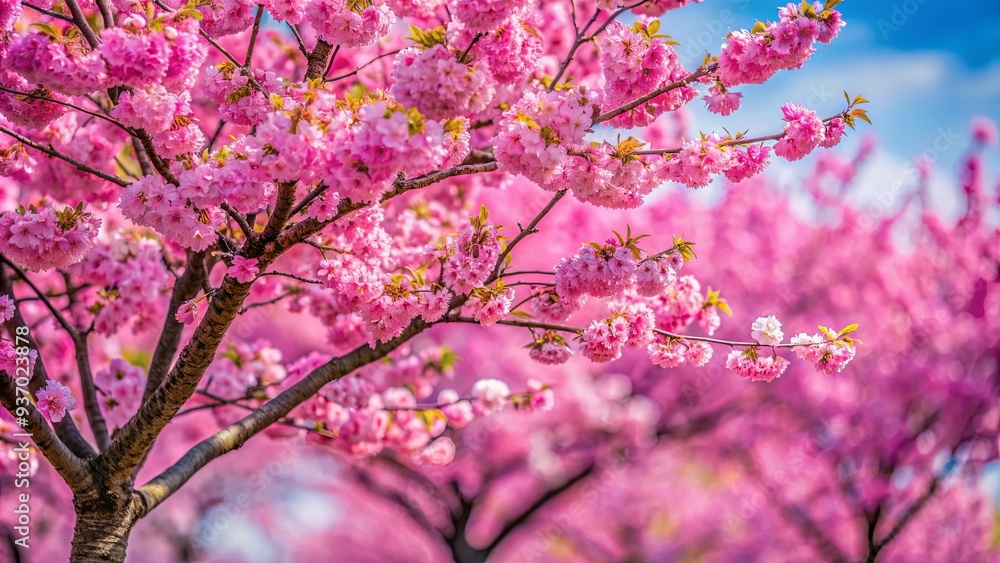 Vibrant pink sakura tree in full bloom, symbolizing the beauty and brevity of life Vibrant pink sakura tree in full bloom, symbolizing the beauty and brevity of life