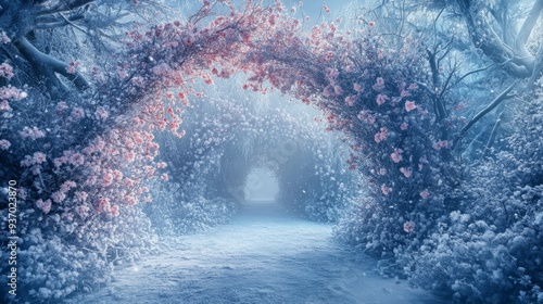 A magical garden arch of frozen cherry blossoms and mesmerizing frozen leaves