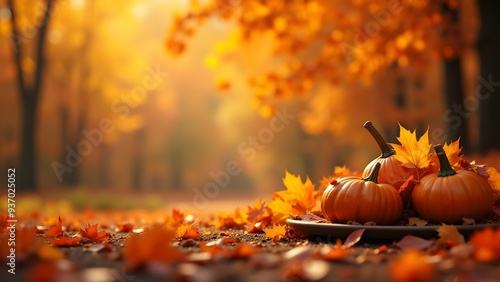Pumpkins and autumn leaves basking in warm sunlight amidst a tranquil fall setting