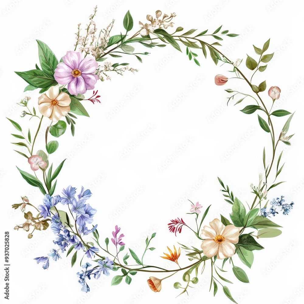 Graceful Floral Botanical Wreath for Wedding Invitation - Elegant Rustic Vector Illustration with Wildflowers and Delicate Branches Graceful Floral Botanical Wreath for Wedding Invitation - Elegant Rustic Vector Illustration with Wildflowers and Delicate Branches