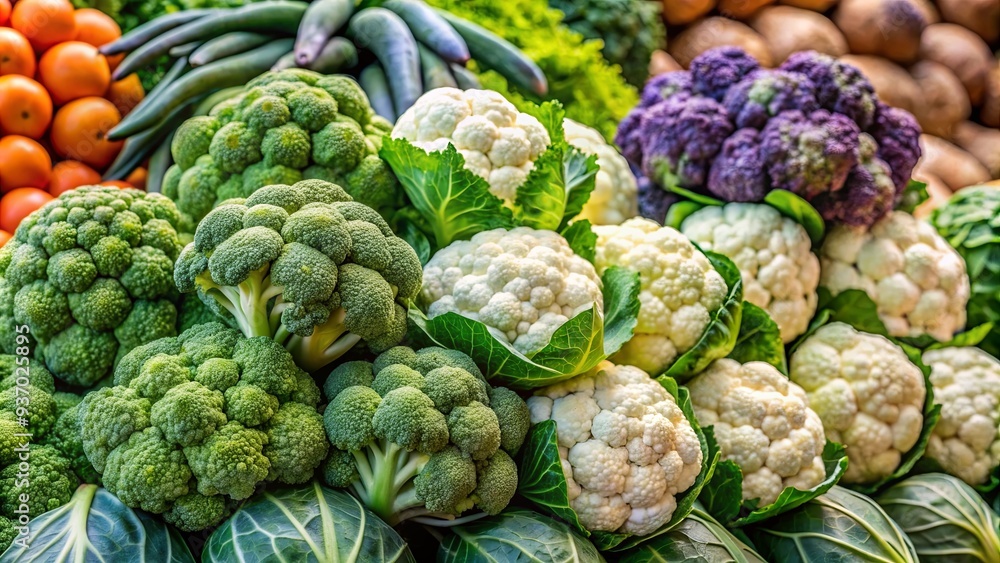 Fresh broccoli, cabbage, and cauliflower stacked beautifully on a farmers market stall Fresh broccoli, cabbage, and cauliflower stacked beautifully on a farmers market stall