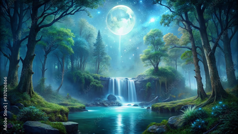 Fototapeta premium starry night waterfall misty foggy forest moonlight shining bright blue green sparkling luminescent serene mystical magical quiet reflective