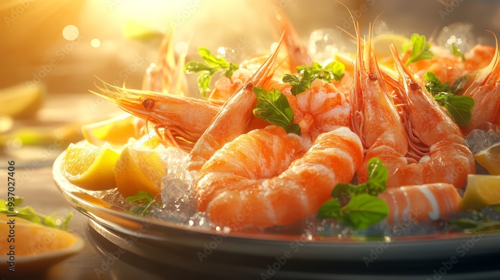 Fresh Cooked Shrimp with Lemon on Ice Platter Fresh Cooked Shrimp with Lemon on Ice Platter