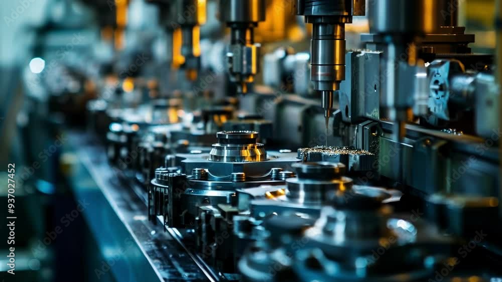 Multiple metal parts are being drilled by industrial machinery in a production line, showcasing innovative manufacturing processes Multiple metal parts are being drilled by industrial machinery in a production line, showcasing innovative manufacturing processes