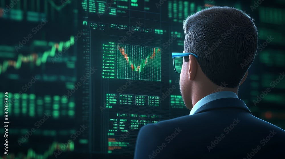 Businessman Analyzing Stock Market Data on Computer Screen Businessman Analyzing Stock Market Data on Computer Screen