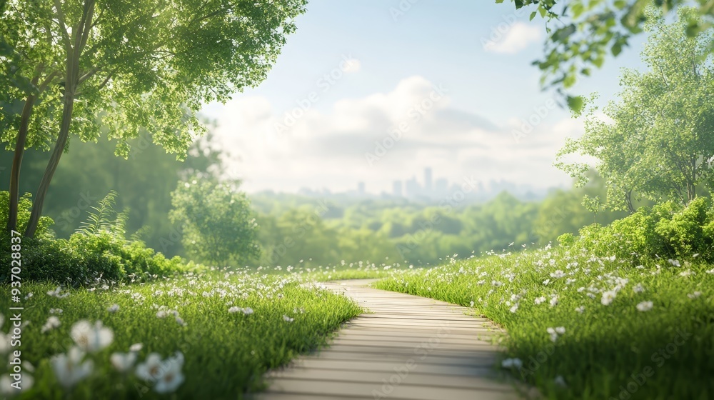 Wooden Path Through Lush Green Meadow with City Skyline in Background Wooden Path Through Lush Green Meadow with City Skyline in Background