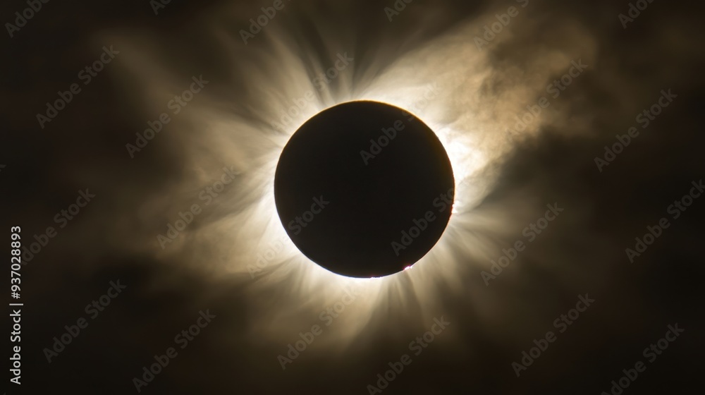 Obraz premium Total Solar Eclipse with Sun Rays through Clouds - Dramatic Celestial Event Photography.