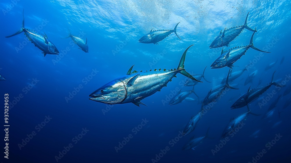 Naklejka premium breathtaking view of a group of tuna swimming in the open ocean, surrounded by the vibrant colors of the underwater world. The water is clear and blue, with the tuna's silvery scales reflecting