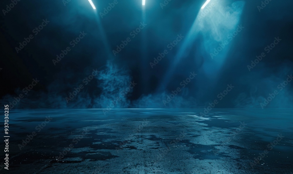 Dark street with wet asphalt reflecting rays of light in the water and fog, creating a moody and atmospheric scene. Dark street with wet asphalt reflecting rays of light in the water and fog, creating a moody and atmospheric scene.