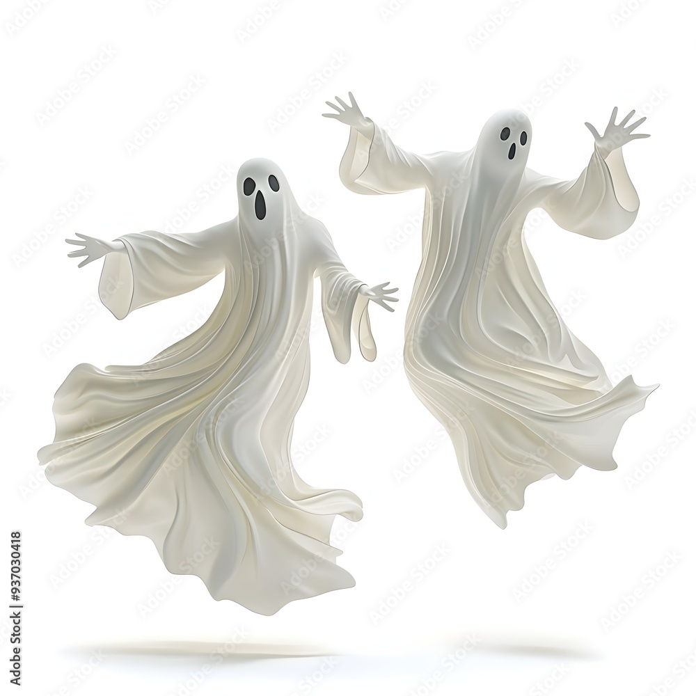 Ghostly Acrobatic Figures Floating in Spectral Garments on White Ghostly Acrobatic Figures Floating in Spectral Garments on White