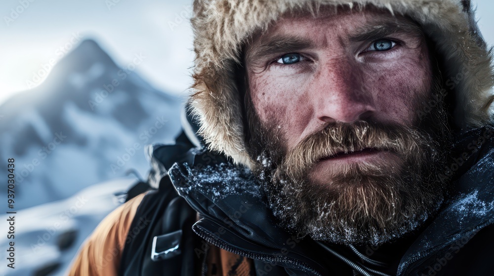 Portrait of a Bearded Man in a Fur Hat Against a Snowy Mountain Landscape. Portrait of a Bearded Man in a Fur Hat Against a Snowy Mountain Landscape.