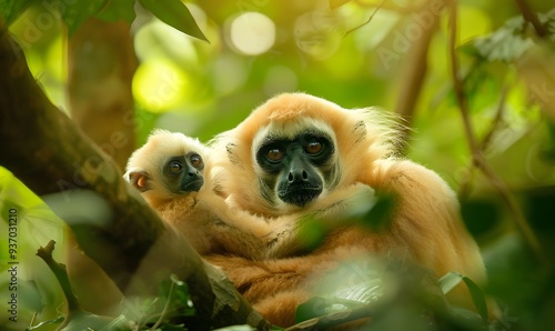 close image of Yellow Cheeked Gibbon monkey (Nomascus Gabriallae) mother with child in the forest.  photo