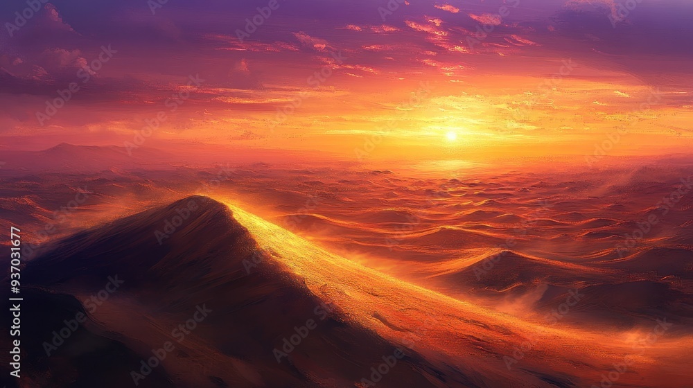 Stunning Sunset Over Martian Landscape with Golden Rays and Dramatic Sky. Stunning Sunset Over Martian Landscape with Golden Rays and Dramatic Sky.