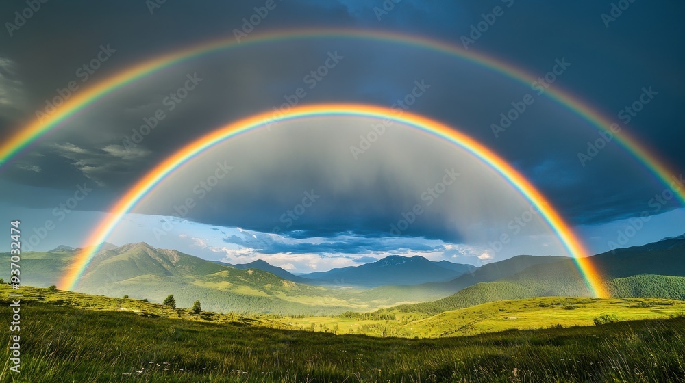 Naklejka premium Double Rainbow Over Lush Green Mountain Valley After Rainstorm