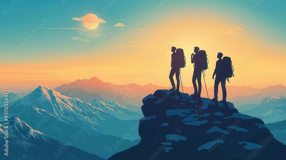 Fototapeta premium Three hikers stand atop a mountain, silhouetted against a colorful sunse, capturing the essence of adventure and exploration