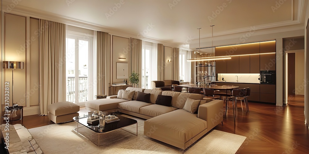 Fototapeta premium Modern office interior with glass walls, wooden flooring and large windows