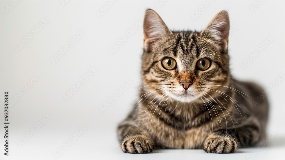 Obraz premium Close-Up Portrait of a Curious Tabby Cat with Striking Yellow Eyes Against a White Background