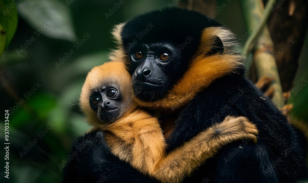 Fototapeta premium close image of Yellow Cheeked Gibbon monkey (Nomascus Gabriallae) mother with child in the forest. 