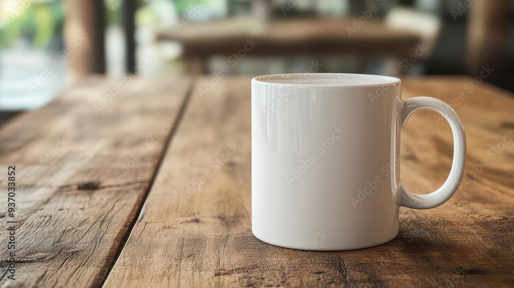 White Mug on Rustic Wooden Table with Blurred Background. White Mug on Rustic Wooden Table with Blurred Background.