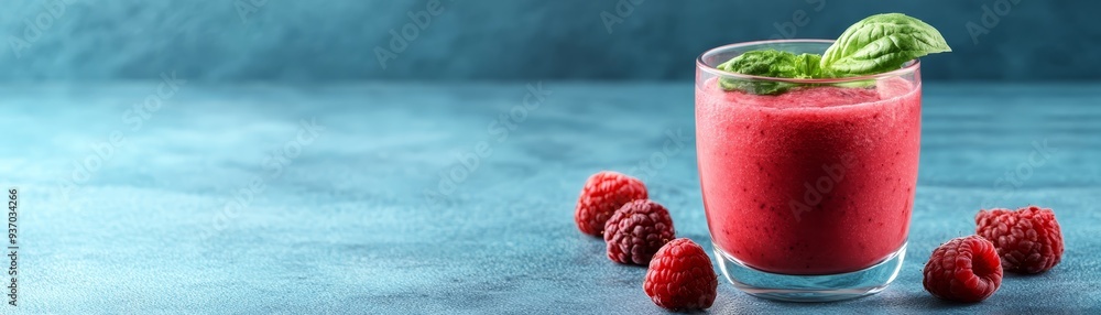 Refreshing Raspberry Smoothie with Basil Garnish on Blue Background Refreshing Raspberry Smoothie with Basil Garnish on Blue Background
