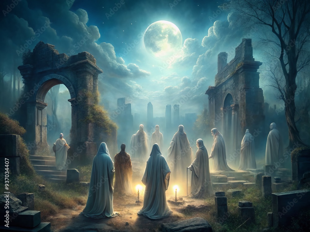 Ethereal misty resurrection dawn surrendering forgotten souls to luminous lunar rays peering through ancient ruins Ethereal misty resurrection dawn surrendering forgotten souls to luminous lunar rays peering through ancient ruins
