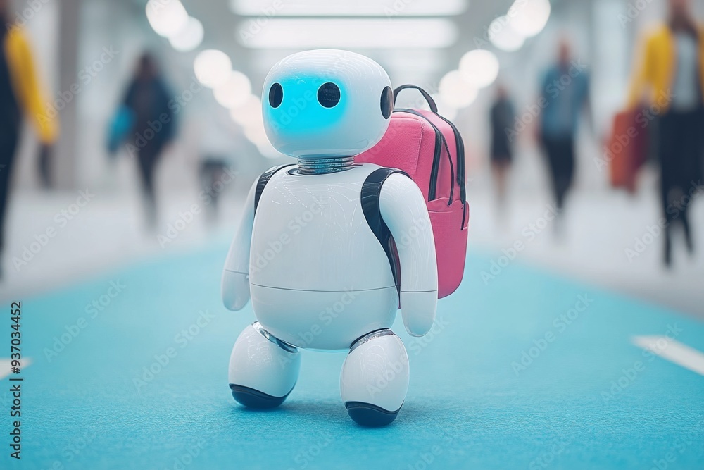 Adorable small robot with a backpack standing in a busy urban environment highlighting themes of exploration curiosity and the integration of AI into everyday life Adorable small robot with a backpack standing in a busy urban environment highlighting themes of exploration curiosity and the integration of AI into everyday life