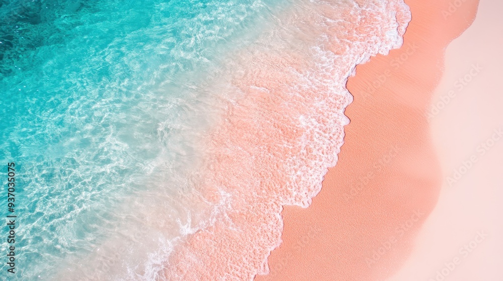 Fototapeta premium Aerial View of Turquoise Ocean Waves Crashing on a Pink Sand Beach