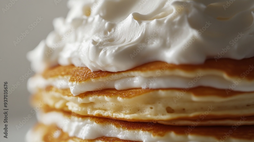 Close-Up of Fluffy Whipped Cream on Stack of Pancakes Close-Up of Fluffy Whipped Cream on Stack of Pancakes
