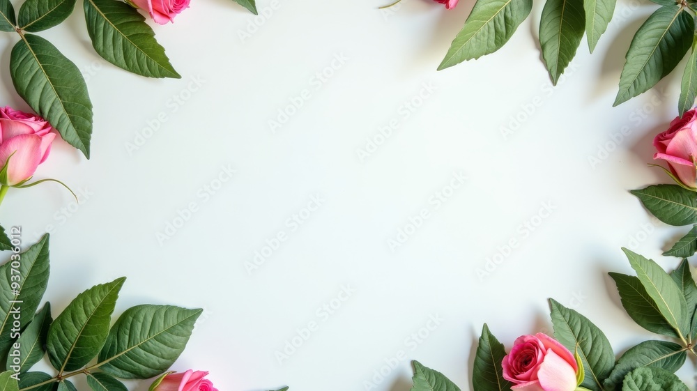 Elegant Pink Roses and Green Leaves Frame on Light Background - Perfect for Greeting Cards and Invitations Elegant Pink Roses and Green Leaves Frame on Light Background - Perfect for Greeting Cards and Invitations