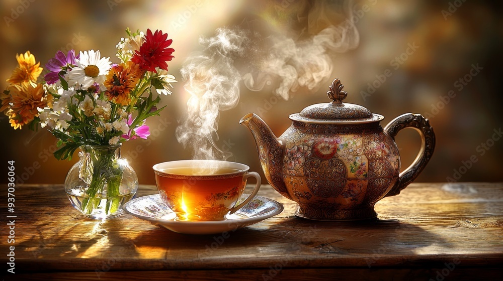 A classic porcelain teapot and a matching teacup filled with steaming tea, sitting on a rustic wooden table. Beside them, a charming flower vase with a small bouquet of fresh flowers A classic porcelain teapot and a matching teacup filled with steaming tea, sitting on a rustic wooden table. Beside them, a charming flower vase with a small bouquet of fresh flowers