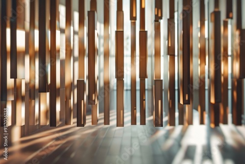 Realistic shot of a close-up view inside the lobby at La Mer, showcasing vertical slats made from bronze