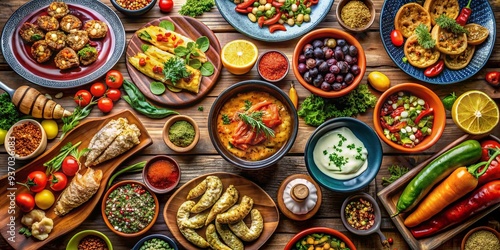 Wallpaper Mural Assorted vibrant and appetizing gourmet cuisine, featuring an array of colorful culinary dishes, cooking ingredients, and mouth-watering food items Torontodigital.ca