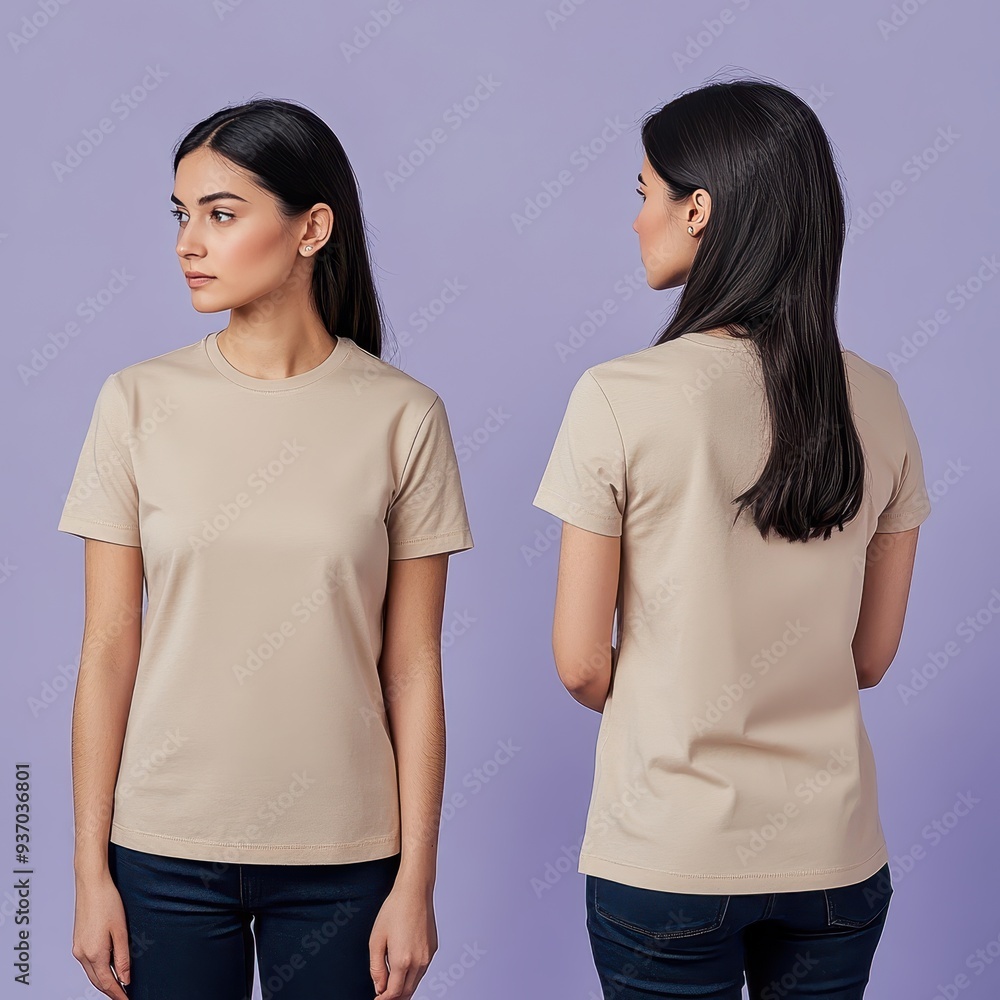 Young Woman in Blank Beige T-Shirt Mockup - Front and Back View. Young Woman in Blank Beige T-Shirt Mockup - Front and Back View.