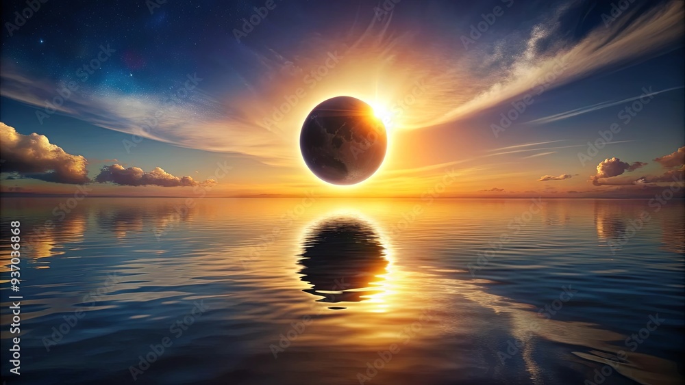 Solar eclipse with the moon blocking the sun above the water in a breathtaking celestial event Solar eclipse with the moon blocking the sun above the water in a breathtaking celestial event