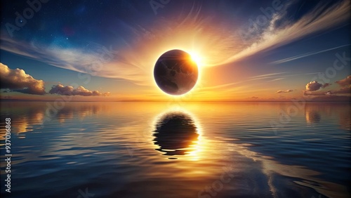 Solar eclipse with the moon blocking the sun above the water in a breathtaking celestial event photo