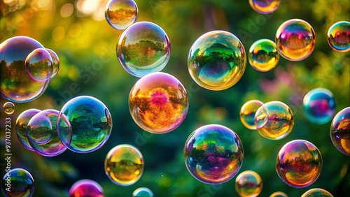 Colorful soap bubbles floating gracefully in the air, creating playful and whimsical reflections