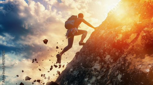 Strong man climbing vertical mountain with dramatic sunset light. Some rocks and dirts falling. Hard and difficult situation concept.