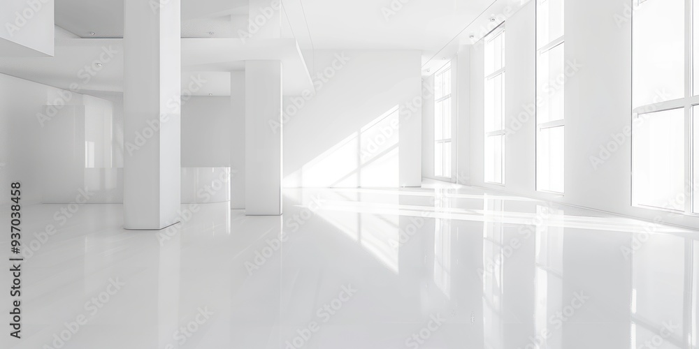 Fototapeta premium Bright white minimalist interior with large windows and clean lines. Modern architectural space.